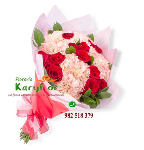Hortensias y Rosas<BR>12 Rosas en Ramo<BR>San Valentín_019