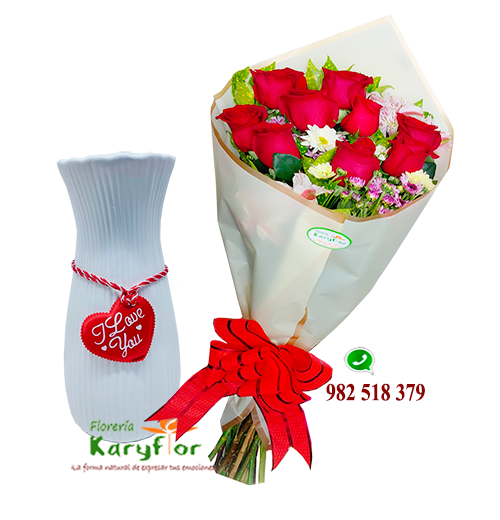Florero y Ramo<BR>Ramo 9 rosas<BR>San Valentín_020