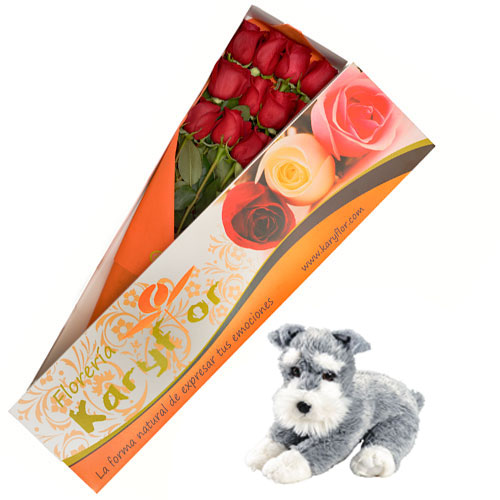Caja de 12 Rosas con Peluche Perrito (según stock, variedad de peluches) incluye tarjeta dedicatoria y preservante. Pueden adicionar Chocolates y más, ingresando a la opción REGALOS en la parte superior de la Pág. web.